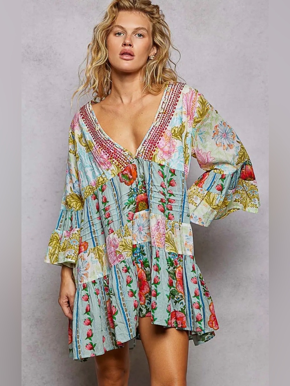 NEW POL Sunlit Bloom Babydoll Mini Dress Blue / Pink